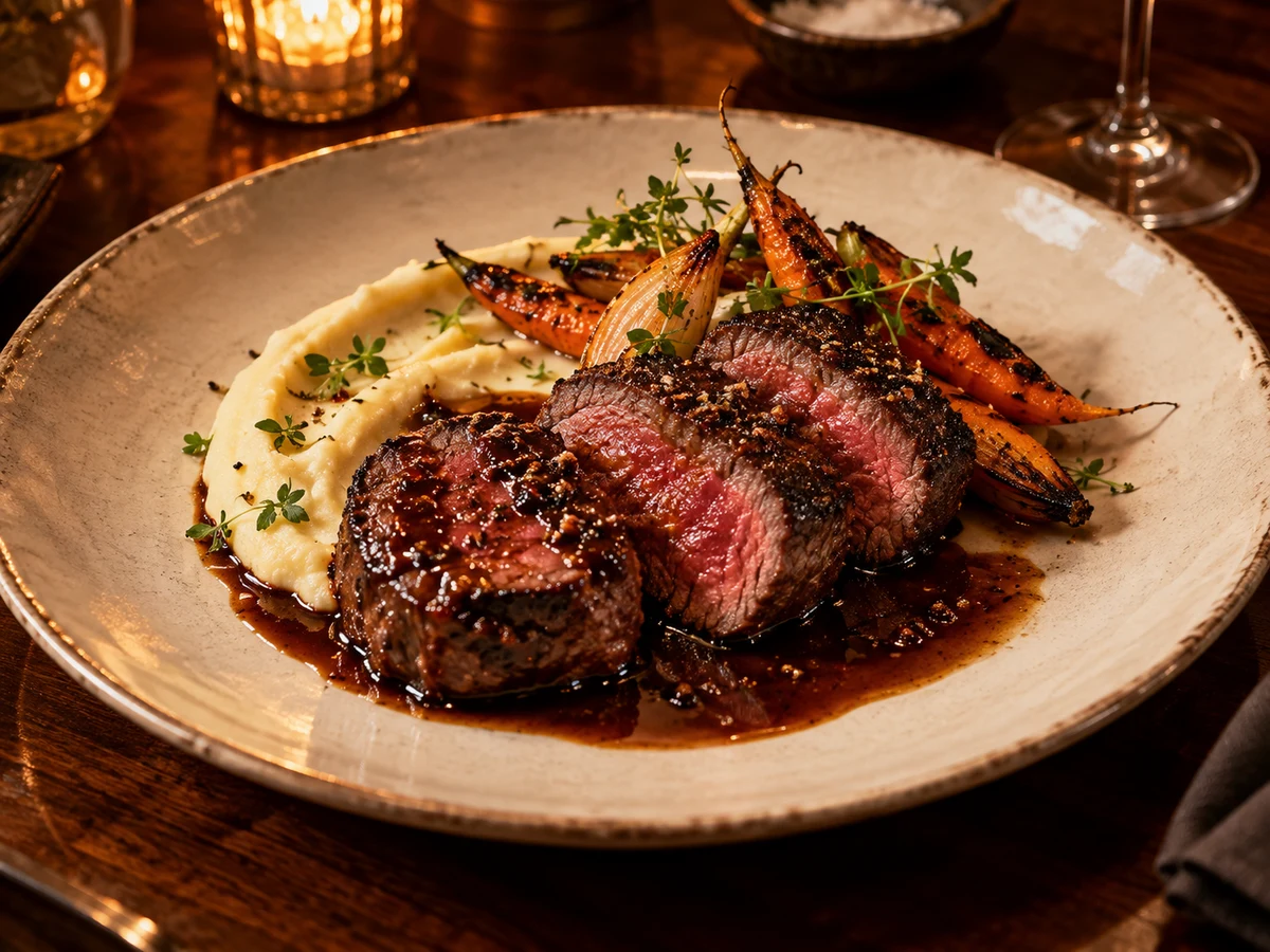 Charcoal beef tenderloin with glossy jus, pomme purée and roasted baby carrots