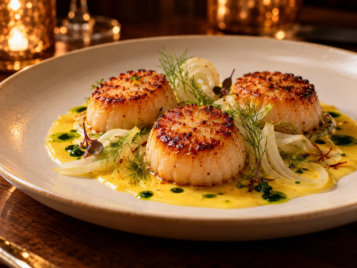 Seared scallops with saffron beurre blanc · fennel · chive oil